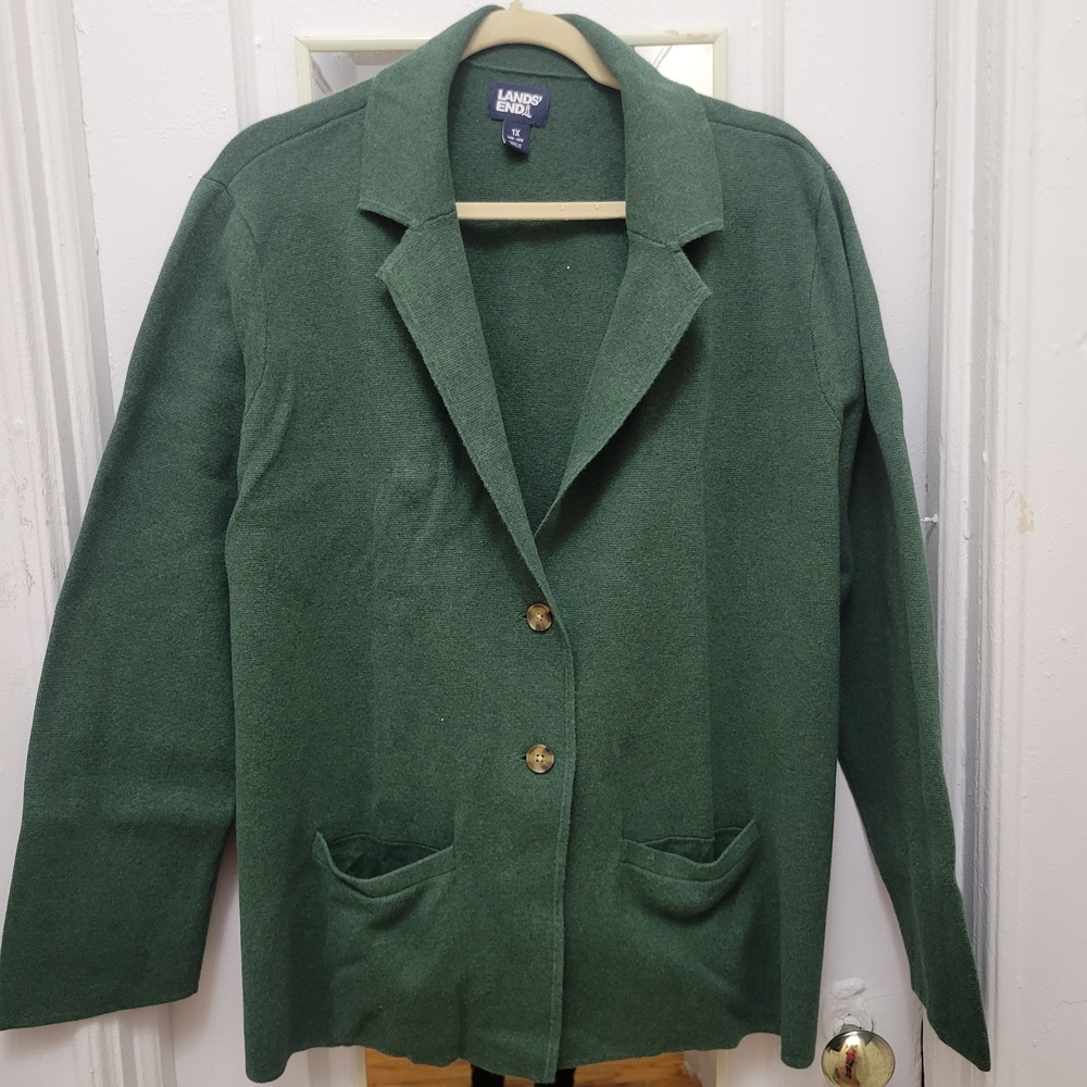 Lands'‎ End Women's Forest Green Cardigan Cottagecore Grandpa Sweater